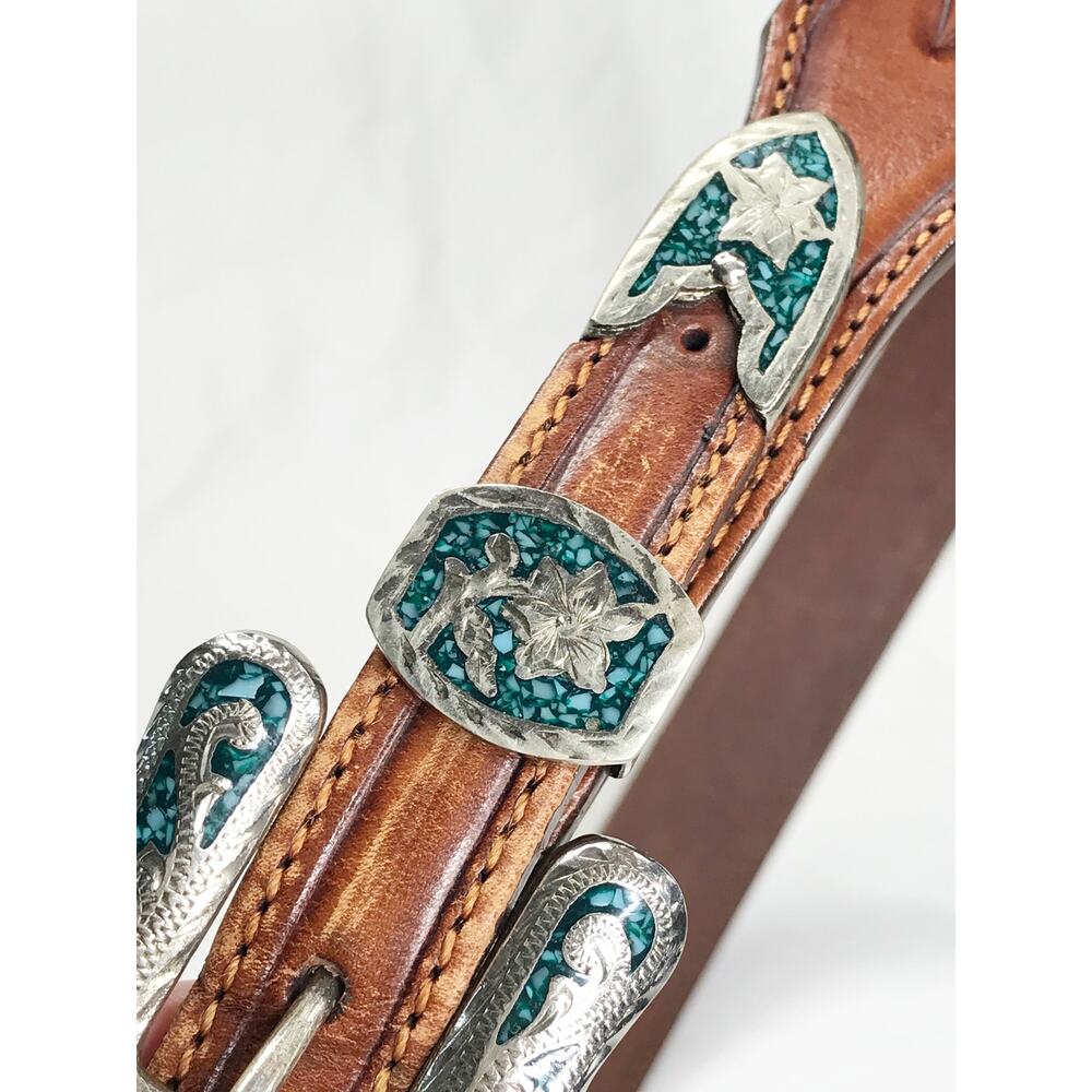 VTG Mexico Alpaca Silver Inlaid Turquoise Ornate Tipped Belt Buckle 3 Piece Set - Picture 15 of 16